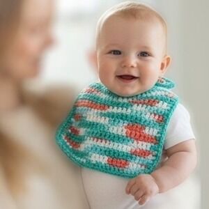 Handmade Baby Bib Crochet Teal Orange White 17" Long USA DIY Newborn Infant EUC